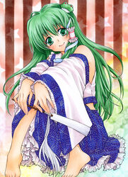  aoi_yuuka_(ao_no_kokoro) barefoot commentary_request detached_sleeves feet female frog green_eyes green_hair hair_ornament hands kochiya_sanae long_hair smile snake solo touhou 