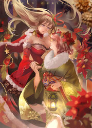  2girls alternate_costume blonde_hair bow bowtie breasts brown_nails camellia cape christmas christmas_ornaments christmas_tree cleavage commentary detached_sleeves eye_contact floral_print flower fur-trimmed_cape fur_collar fur_trim gap_(touhou) hair_flower hair_ornament hair_ribbon half-closed_eyes holding holding_hands holding_lantern japanese_clothes jyuui kimono lantern large_breasts light_smile long_hair looking_at_another looking_to_the_side merry_christmas multiple_girls obi photoshop_(medium) pink_eyes pink_hair poinsettia purple_eyes red_bow red_bowtie red_cape red_flower red_ribbon ribbon saigyouji_yuyuko sash short_hair star_(symbol) symbol-only_commentary touhou triangular_headpiece veil yakumo_yukari yellow_flower yuri 