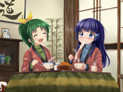  2girls :d aoki_reika blue_eyes blue_hair bowl character_doll chopsticks closed_eyes commentary_request cure_beauty cure_march eating food green_hair high_ponytail holding holding_chopsticks indoors kotatsu long_hair midorikawa_nao mochi mochi_trail multiple_girls open_mouth photo_(object) ponytail precure short_hair smile smile_precure table tamago_kago tea 