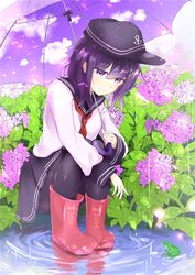  akatsuki_(kancolle) anchor_symbol black_pantyhose boots commentary female flat_cap flower frog hair_between_eyes hat highres hydrangea kantai_collection long_hair long_sleeves neckerchief outdoors pantyhose pirapirapirapira pleated_skirt purple_eyes purple_hair rain raincoat red_footwear red_neckerchief rubber_boots school_uniform serafuku skirt smile solo squatting umbrella water 