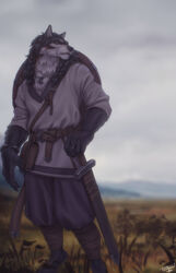  2021 anthro bottomwear braided_hair brown_scabbard canid canine canis clothed clothing einarr_(personalami) fur grey_body grey_fur hair hi_res jewelry leg_wraps male mammal melee_weapon mjolnir_necklace necklace pants personalami scabbard sheathed_sword sheathed_weapon shirt signature solo standing sword topwear tunic weapon wolf wraps 