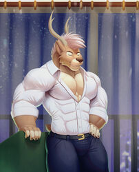  5_fingers anthro antlers big_pecs closed_eyes clothing deer fingers front_view fur hair hi_res horn humanoid joey_(jolastuco) male mammal manly muscular night pecs primodrago shirt showing_teeth smile snout solo standing topwear unbuttoned_shirt white_hair 