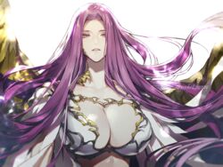  bad_id bad_pixiv_id breasts cleavage collarbone commentary fate/grand_order fate_(series) female gorgon_(fate) gorgon_(third_ascension)_(fate) highres huge_breasts koshika_rina long_hair looking_at_viewer medusa_(fate) parted_lips purple_eyes purple_hair scales simple_background slit_pupils solo upper_body very_long_hair white_background wings 