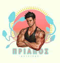  1boy bara beard black_hair cropped_torso crossed_arms facial_hair gyee highres looking_at_viewer male_focus mature_male mocucumo muscular muscular_male pectorals priapus priapus_a._tarou red_pupils smile solo tank_top tattoo upper_body 