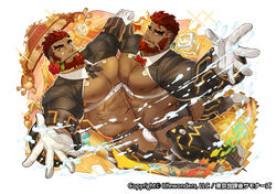  2boys abs alternate_costume bara beard blush bow bowtie bulge chest facial_hair flower gloves gomtang hephaestus_(tokyo_houkago_summoners) holding_hands male_focus male_underwear manly multiple_boys muscle nipples official_art pectoral_docking pectorals rose scar shirtless shrug_(clothing) talos_(tokyo_houkago_summoners) thick_thighs thighs tokyo_houkago_summoners underwear white_background 