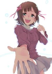  :d amami_haruka aqua_eyes blush bow brown_hair commentary_request cowboy_shot female grey_skirt hairbow hand_up highres holding holding_microphone idolmaster idolmaster_(classic) kyouno long_sleeves microphone open_mouth pink_bow pink_sweater ribbed_sweater short_hair skirt smile solo sweater teeth upper_teeth_only 