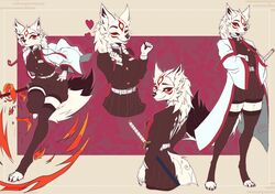  2022 amaterasu_(okami) anthro canid canine canis capcom clothed clothing clover_studio deity demon_slayer facial_markings female fur head_markings hi_res katana kimetsu_no_yaiba legwear mammal markings melee_weapon okami_(capcom) potatokamaos signature simple_background smile solo stockings sword toeless_legwear toeless_stockings twintails uniform weapon white_body white_fur wolf 