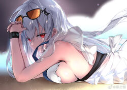  alternate_costume arknights artist_name bad_id bad_weibo_id beach bracelet breast_press breasts commentary_request eyewear_on_head female grey_hair hair_ornament jewelry large_breasts li_zhiheng long_hair looking_at_viewer lying marker official_alternate_costume on_stomach red_eyes sand sideboob skadi_(arknights) skadi_(waverider)_(arknights) solo sunglasses watermark weibo_logo weibo_watermark 