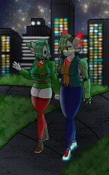  5:8 :3 amber_(reapcreates831) bell bell_collar belt big_breasts black_eyes breasts city cityscape clothing collar cybernetic_limb cybernetics cyberpunk detailed_background duo facial_markings female gardevoir generation_3_pokemon glowing grass hair hair_over_eye hand_holding head_markings hi_res hoodie julienne_(reapcreates831) machine mario_bros markings mask night nintendo one_eye_obstructed panty_peek plant pokemon pokemon_(species) reapcreates831 road shyguy skindentation thick_thighs topwear walking 