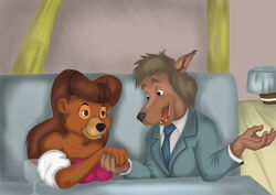  absurd_res anthro bear black_nose breasts brown_body brown_fur brown_hair canid clothed clothing container cup disney dress drinking_glass duo female fur glass glass_container glass_cup hair hi_res male male/female mammal necktie rebecca_cunningham tabaarus talespin victory_rolls wine_glass 