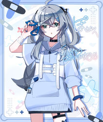  :o ahoge asymmetrical_sleeves bandaid bandaid_on_leg black_collar black_skirt black_socks blue_background blue_border blue_hoodie blue_nails blush border bracelet collar commission cowboy_shot cropped crossed_bandaids crossed_bangs female grey_eyes grey_hair hair_between_eyes hair_ornament hairclip highres hood hood_down hoodie jewelry long_bangs long_hair long_sleeves looking_at_viewer miniskirt nail_polish open_mouth original outside_border oversized_object scissors shoes short_sleeves sidelocks simple_background skeb_commission skirt socks solo thigh_strap thighs two_side_up utori_(tanakautori) zipper_pull_tab 