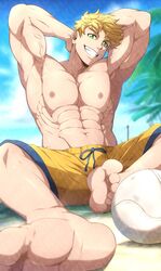  1boy abs absurdres arms_behind_head bara blonde_hair blue_sky bulge feet full_body granblue_fantasy green_eyes highres kuroshinki large_pectorals looking_at_viewer male_focus muscular muscular_male nipples official_alternate_costume outdoors pectorals shorts sky smile solo topless_male vane_(granblue_fantasy) vane_(summer)_(granblue_fantasy) 