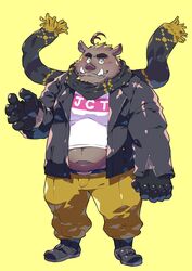  2021 anthro belly blush bottomwear brown_body clothed clothing hi_res humanoid_hands in_jekuto kemono male mammal navel overweight overweight_male pants scarf shirt simple_background solo star_parlor suid suina sus_(pig) topwear utau wild_boar 