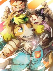  akashi_(live_a_hero) anthro blush canid canine canis dog_operator domestic_dog flirting floppy_ears group hand_holding hi_res hisaki_(live_a_hero) human jealous lifewonders live_a_hero male male/male mammal one_eye_closed scar shimazanbagu trio wink 