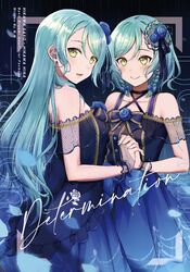  2girls absurdres aqua_hair bang_dream! black_ribbon blue_bow blue_bowtie blue_dress blue_flower blue_nails blue_petals blue_rose blush bow bowtie braid bridal_gauntlets character_name choker commentary copyright_name cover cover_page doujin_cover dress fishnet_bridal_gauntlets flower green_eyes hair_flower hair_ornament hair_ribbon hairbow highres hikawa_hina hikawa_sayo holding_hands long_hair looking_at_another looking_at_viewer looking_back mia_(fai1510) multiple_girls nail_polish petals ribbon rose short_hair siblings side_braids sisters smile twins 