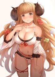  ahoge anila_(granblue_fantasy) anila_(summer)_(granblue_fantasy) aqua_(popogori) bare_shoulders belly_chain bikini black_bikini blonde_hair blush breasts cleavage collarbone detached_sleeves draph female granblue_fantasy horns jewelry large_breasts layered_bikini long_hair looking_at_viewer md5_mismatch navel official_alternate_costume parted_lips sheep_horns short_eyebrows simple_background solo swimsuit thighs very_long_hair white_bikini wide_sleeves yellow_eyes 