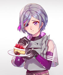  absurdres cake chinese_commentary commentary_request contender_(girls&#039;_frontline) eating eyes_visible_through_hair female food fork fruit girls&#039;_frontline gloves grey_hair highres plate purple_eyes ren_huozhe short_hair solo strawberry white_background 