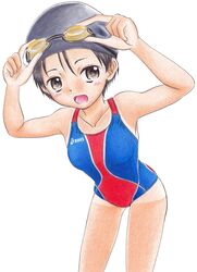  :d armpits asics blush bob_cut brown_eyes brown_hair competition_swimsuit female goggles goggles_on_head hair_between_eyes hidaka_medaka highres legs looking_at_viewer one-piece_swimsuit open_mouth original short_hair simple_background smile solo standing swim_cap swimsuit tan tanlines thighs white_background 