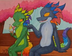  anthro beryl_the_gembold corundum_the_gembold dessert duo female food gembold gesture hand_gesture hi_res ice_cream ice_cream_cone kobold male marker_(artwork) open_mouth outside pointing scalie signature sitting tongue traditional_media_(artwork) w0lfmare yellow_eyes 