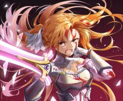  armor asuna_(sao) asuna_(stacia) bare_shoulders blood blood_in_hair blood_on_arm blood_on_breasts blood_on_clothes blood_on_face blood_on_hands braid breastplate breasts brown_eyes brown_hair cleavage commentary_request detached_sleeves female floating_hair gloves glowing glowing_sword glowing_weapon gradient_background hair_ornament hair_ribbon hands_up highres holding holding_sword holding_weapon holiday_(pangjelly) long_hair looking_at_viewer lower_teeth_only magic medium_breasts open_mouth radiant_light rapier red_background ribbon solo sword sword_art_online sword_art_online:_alicization sword_art_online:_alicization_-_war_of_underworld teeth unsheathed upper_body very_long_hair weapon white_gloves white_ribbon 