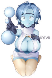  aqua_skin bare_shoulders black_gloves blue_hair boku_no_hero_academia breasts bubble bubble_girl_(boku_no_hero_academia) cleavage female full_body gloves grey_eyes hand_on_own_chest hot_vr large_breasts meme_attire open_mouth seiza simple_background sitting smile solo superhero_costume sweater thighhighs virgin_killer_sweater white_background white_sweater yellow_thighhighs 