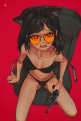  absurdres animal_ears aviator_eyewear aviator_sunglasses black-framed_eyewear black_bra black_hair black_panties blood bra breasts breasts_apart cat_ears chair coco_(polilla) commentary english_commentary female from_above gun handgun highres holding holding_gun holding_weapon long_hair looking_at_viewer looking_up nagant_m1895 navel nosebleed office_chair on_chair open_mouth orange-tinted_eyewear original panties polilla red_background revolver sanpaku simple_background sitting solo sunglasses sweat swivel_chair tinted_eyewear triangle underwear underwear_only weapon wide-eyed 