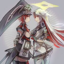  2girls ass belt black_gloves bone breasts cleavage cleavage_cutout clothing_cutout cross english_text fingerless_gloves gloves guilty_gear guilty_gear_2 guilty_gear_xrd halo hat highres jack-o&#039;_valentine jumpsuit kawabata long_hair medium_breasts medium_hair multicolored_hair multiple_girls necktie red_eyes red_hair red_nails red_necktie shiny simple_background skull spiked_halo thighhighs valentine_(guilty_gear) 