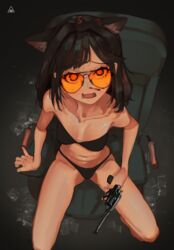  absurdres animal_ears aviator_eyewear aviator_sunglasses black-framed_eyewear black_background black_bra black_hair black_panties blood bra breasts breasts_apart cat_ears chair cocaine coco_(polilla) commentary dark_background drugs english_commentary female from_above gradient_background gun handgun highres holding holding_gun holding_weapon long_hair looking_at_viewer looking_up nagant_m1895 navel nosebleed office_chair on_chair open_mouth orange-tinted_eyewear original panties polilla revolver sanpaku sitting solo sunglasses sweat swivel_chair tinted_eyewear triangle underwear underwear_only weapon wide-eyed 