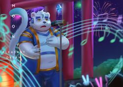  2021 aipangpangdeyua anthro belly black_nose bottomwear clothing detailed_background felid fur group hi_res humanoid_hands kemono male mammal musical_note navel night outside overweight overweight_male pants singing white_body white_fur 