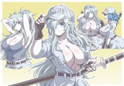  2girls :o adjusting_clothes adjusting_hair adjusting_headwear ass belt black_gloves blue_eyes blue_hair breasts cleavage closed_mouth fingerless_gloves gloves grey_tank_top hand_on_own_head hat hataraku_saibou hataraku_saibou_black highres large_breasts lewdamone long_hair looking_at_another looking_at_viewer multiple_girls multiple_views open_mouth ponytail sheath sheathed short_hair sideboob simple_background smile sword tank_top u-1196 u-1212 weapon white_blood_cell_(hataraku_saibou) yellow_background 