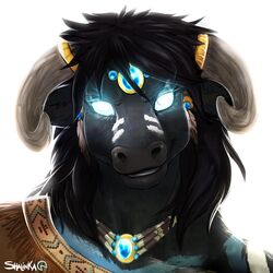  1:1 2021 anthro black_body black_fur black_hair bust_portrait digital_media_(artwork) equid equine eyebrows eyelashes fur glowing glowing_eyes hair hi_res horn looking_at_viewer mammal portrait shalinka simple_background smile solo white_background 