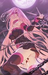  absurdres ass bare_shoulders black_dress black_sleeves black_thighhighs blindfold blindfold_slip breasts chains cleavage closed_mouth collar collarbone commentary detached_sleeves dress facial_mark fate/stay_night fate_(series) feet_out_of_frame female film_grain floating_hair fog forehead_mark from_below from_side hand_on_own_thigh hand_up head_tilt highres holding holding_weapon hxxg impossible_clothes impossible_dress large_breasts long_hair long_sleeves looking_at_viewer looking_to_the_side medusa_(fate) medusa_(rider)_(fate) moon nameless_dagger_(fate) night night_sky no_panties outdoors pink_collar pink_hair red_pupils short_dress sky solo square_pupils standing strapless strapless_dress thighhighs very_long_hair wavy_mouth weapon yellow_eyes 