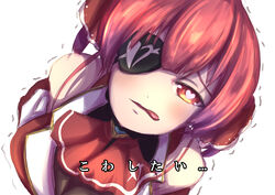  ascot bare_shoulders breasts cleavage commentary_request eyepatch female grylls_kuma hair_between_eyes heart heart-shaped_pupils highres hololive houshou_marine houshou_marine_(1st_costume) hunter_x_hunter long_hair looking_at_viewer parody red_ascot red_eyes red_hair see-through see-through_cleavage simple_background solo symbol-shaped_pupils tongue tongue_out translated trembling twintails virtual_youtuber white_background 