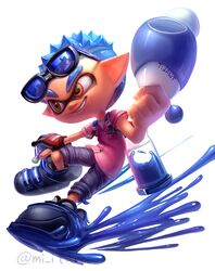  1boy artist_name black-framed_eyewear black_footwear black_gloves black_shorts blue-tinted_eyewear blue_hair brown_eyes commentary eyewear_on_head full_body gloves grin hand_up happy highres holding holding_weapon ink_tank_(splatoon) inkling inkling_boy inkling_player_character luna_blaster_(splatoon) male_focus miitara oerba_yun_fang paint partially_fingerless_gloves pink_shirt pointy_ears shirt shoes short_hair short_sleeves shorts simple_background smile solo spiked_hair splat_bomb_(splatoon) splatoon_(series) splatter sunglasses teeth tinted_eyewear twitter_username undershirt watermark weapon white_background 