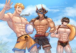  3boys abs alternate_costume bara barawa black_hair blue_sky bulge closed_mouth dark-skinned_male dark_skin draph earrings eyepatch granblue_fantasy highres horns jewelry large_pectorals long_hair looking_at_viewer male_focus male_swimwear multiple_boys muscular muscular_male nipples official_alternate_costume oneirio outdoors pectorals pointy_ears reinhardtzar shorts sky swim_briefs topless_male vane_(granblue_fantasy) vane_(summer)_(granblue_fantasy) volleyball 