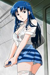  blue_eyes blue_hair blue_skirt bra clothes_pull cowboy_shot female fujiwara_aya long_hair looking_at_viewer miniskirt non-web_source official_art open_mouth panties pantyshot photoshop_(medium) pleated_skirt rain see-through shirt shirt_tucked_in skirt skirt_pull solo standing striped_clothes striped_skirt super_real_mahjong tanaka_ryou thighhighs underwear wet wet_clothes wet_hair white_shirt white_thighhighs wringing_clothes wringing_skirt 