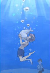  2boys air_bubble anan_sugao aquarium ashiya_ashibe barefoot blue_background brown_hair bubble closed_eyes collared_shirt glaring goma-chan harp_seal hatakuya highres kissing light_rays male_focus male_swimwear multiple_boys necktie seal_(animal) seishounen_ashibe shirt short_hair shounen_ashibe smile swim_trunks swimsuit topless_male underwater 