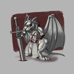  1:1 absurd_res amputation amputee angry anthro belt blood blood_from_mouth blood_in_mouth bodily_fluids bottomwear clothing disability dragon frown hi_res horn jason_(sexydragon201) kneeling loincloth male melee_weapon missing_arm mythological_creature mythological_scalie mythology revertigo scalie scowl simple_background solo sword tail weapon wings wounded 