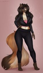  absurd_res anthro breasts canid canine canis clothed clothing domestic_dog female fur herding_dog hi_res hierophant_green_(artist) jacket mammal pastoral_dog pinup pose solo text topwear vivianne_(neerishia) 