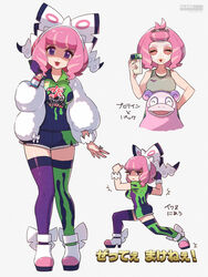  alternate_costume asymmetrical_legwear bike_shorts bike_shorts_under_shorts bow breasts coat collared_shirt commentary drill_hair dynamax_band eyelashes eyeshadow female flipped_hair full_body fur_coat galarian_slowbro gloves hairband hairbow highres holding klara_(pokemon) looking_at_viewer makeup mayuzumi medium_breasts medium_hair mismatched_legwear mole mole_under_mouth multiple_views nail_polish pink_eyeshadow pink_hair pink_lips pokemon pokemon_(creature) pokemon_swsh pose print_shirt print_shorts print_thighhighs purple_eyes shaded_face shirt short_hair shorts side_slit side_slit_shorts single_glove smile standing thighhighs translated twin_drills white_bow white_coat white_hairband z-move_trainer_pose 