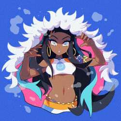  armlet belly_chain bikini black_hair blue_eyes blue_hair blue_lips commentary_request crop_top dark-skinned_female dark_skin earrings eyelashes eyeshadow female gold_earrings hands_up highres hoop_earrings jewelry lipstick long_hair looking_at_viewer makeup mayuzumi multicolored_hair nail_polish navel necklace nessa_(pokemon) orange_nails pokemon pokemon_swsh solo swimsuit tankini teeth two-tone_hair upper_body 