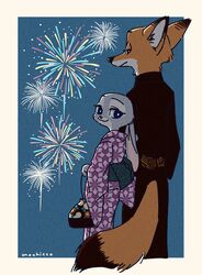  2020 anthro asian_clothing blue_background border canid canine clothed clothing disney duo east_asian_clothing female fireworks fox fully_clothed fur grey_body grey_fur hi_res holding_object japanese_clothing judy_hopps kimono lagomorph leporid looking_at_viewer looking_back male mammal mochicco nick_wilde rabbit red_fox simple_background smile true_fox white_border zootopia 