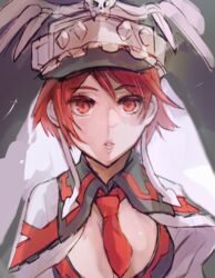  bone bow bowtie breasts cleavage cleavage_cutout clothing_cutout female guilty_gear guilty_gear_2 hat kawabata lips looking_at_viewer medium_breasts medium_hair red_bow red_bowtie red_eyes red_hair skull solo upper_body valentine_(guilty_gear) 