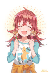  ^_^ ^o^ ahoge animal_print aqua_sleeves arms_up bear_print blue_sleeves blush candy closed_eyes clothes_around_waist clothes_writing collarbone commentary_request female floating_hair food hands_up happy highres idolmaster idolmaster_shiny_colors komiya_kaho long_sleeves orange_sweater print_shirt red_hair shiba_inu shirt simple_background smile solo soramame_tomu sweater sweater_around_waist two-tone_shirt upper_body watermark white_background white_shirt 