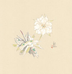  calligraphy_brush_(medium) flower flower_focus gaimoon larkspur_(flower) light_brown_background mecha mecha_focus mechanization no_humans original painting_(medium) robot signature simple_background traditional_media watercolor_(medium) white_flower 