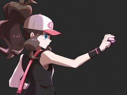  bag baseball_cap black_background black_vest blue_eyes brown_hair closed_mouth commentary_request dream_ball eyelashes female hand_up hat high_ponytail highres hilda_(pokemon) holding holding_poke_ball long_hair mayuzumi poke_ball pokemon pokemon_bw shoulder_bag sidelocks solo two-tone_headwear upper_body vest wristband 