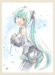  aqua_eyes aqua_hair aqua_necktie bare_shoulders black_skirt black_sleeves black_thighhighs commentary cowboy_shot detached_sleeves epoxy_putty female hair_ornament hatsune_miku leaning_forward long_hair looking_at_viewer miniskirt necktie open_mouth own_hands_together painting_(medium) pleated_skirt shirt shoulder_tattoo skirt sleeveless sleeveless_shirt smile solo tattoo thighhighs traditional_media twintails very_long_hair vocaloid watercolor_(medium) white_shirt zettai_ryouiki 