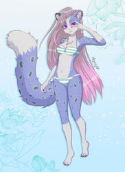  abstract_background big_tail bikini blue_body blue_fur clothing ear_piercing felid female fur gesture hair hand_gesture helix_piercing hi_res kitten_raee leopard_spots long_hair mammal pantherine pattern_clothing piercing pink_eyes pink_hair snow_leopard solo spots striped_clothing stripes swimwear tail toggidoji v_sign 