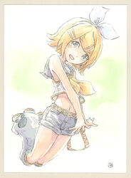  belt blonde_hair bow crop_top epoxy_putty female grey_legwear grey_sailor_collar grey_shorts hair_ornament hairbow hairclip head_tilt jumping kagamine_rin leg_warmers legs_up looking_at_viewer midriff navel neckerchief open_mouth painting_(medium) sailor_collar shirt short_hair short_shorts shorts smile solo swept_bangs traditional_media vocaloid watercolor_(medium) white_bow white_footwear white_shirt yellow_neckerchief 