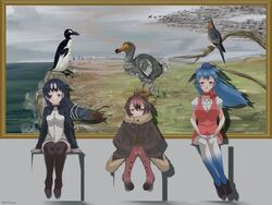  3girls animal bare_arms bird black_hair blue_hair boots bow bowtie brown_hair brown_legwear cape check_commentary choker closed_mouth colored_inner_hair commentary_request creature_and_personification dangling dodo_(bird) dodo_(kemono_friends) empty_eyes extinct flight_attendant floating_hair full_body fur_collar fur_trim gloves great_auk great_auk_(kemono_friends) grey_hair hair_ribbon hairband hand_rest hat height_difference highres jacket kemono_friends knees_together_feet_apart long_hair long_sleeves looking_at_viewer miniskirt multicolored_hair multiple_girls open_mouth painting_(object) pantyhose partial_commentary passenger_pigeon passenger_pigeon_(kemono_friends) pencil_skirt penguin pink_hair purple_eyes red_eyes ribbon ribbon_choker sad_smile semikouen shoes short_hair short_sleeves sitting skirt smile thighhighs trait_connection travel_attendant very_long_hair vest yellow_eyes zettai_ryouiki 